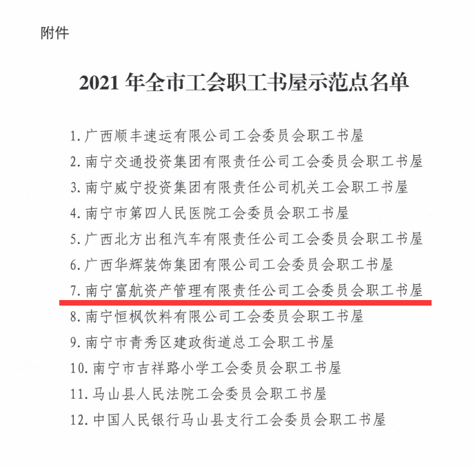 富航公司工會職工書屋 獲“南寧市工會職工書屋示范點”稱號